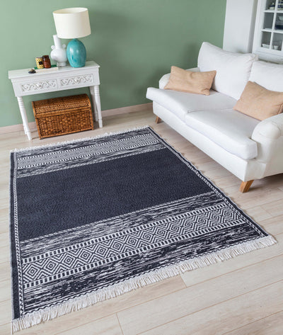 Duo Beyaz Siyah Çift Taraflı Yıkanabilir Dokuma Kilim 23003A