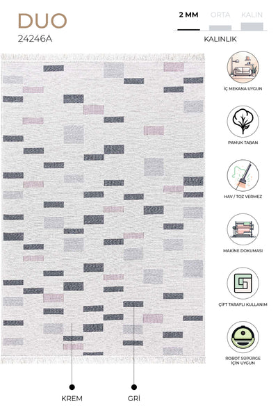 Duo Krem Gri Çift Taraflı Yıkanabilir Dokuma Kilim 24246A