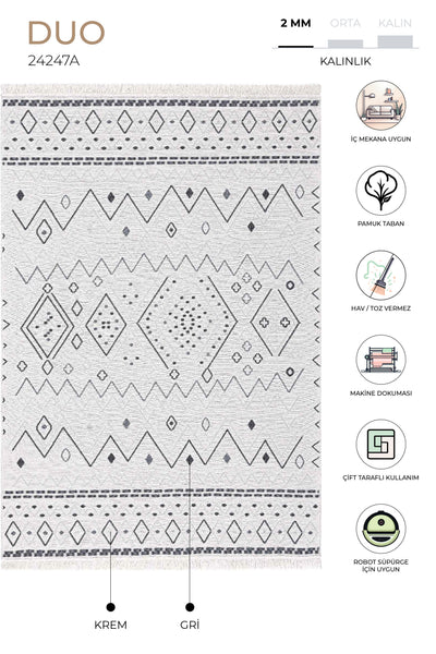 Duo Krem Gri Çift Taraflı Yıkanabilir Dokuma Kilim 24247A