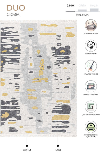 Duo Krem Sarı Çift Taraflı Yıkanabilir Dokuma Kilim 24245A
