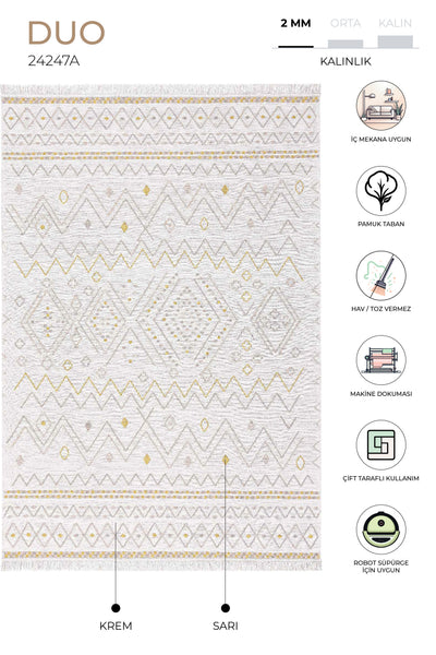 Duo Krem Sarı Çift Taraflı Yıkanabilir Dokuma Kilim 24247A
