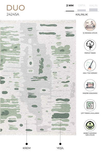 Duo Krem Yeşil Çift Taraflı Yıkanabilir Dokuma Kilim 24245A
