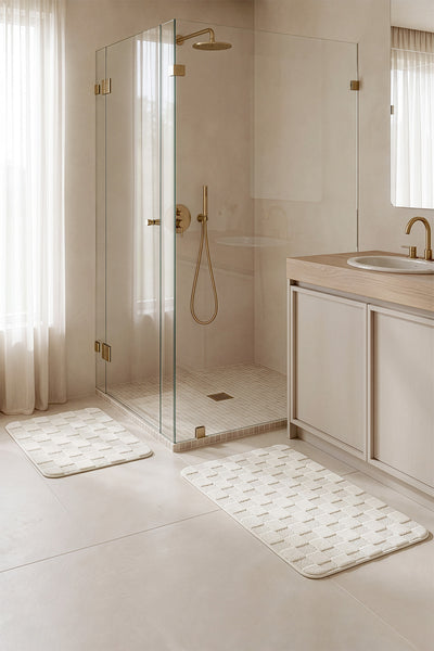 Evra Kare Dokulu Kabartmalı Yumuşak Krem Kaymaz Banyo Paspası 60 x 100