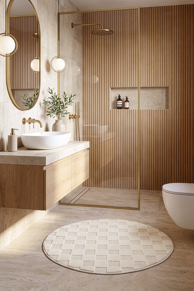 Evra Kare Dokulu Kabartmalı Yumuşak Krem Kaymaz Banyo Paspası Daire 80 x 80