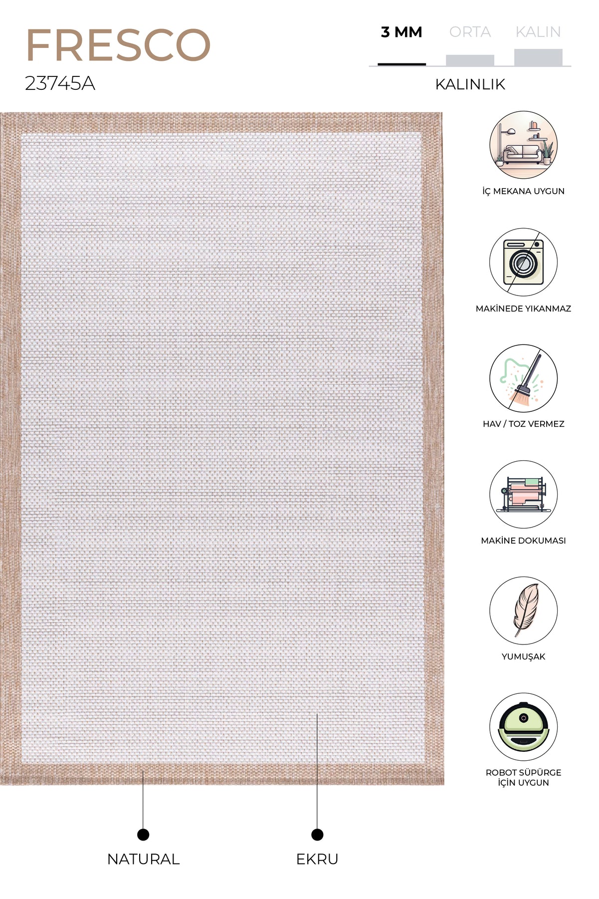 Fresco Ekru Natural İskandinav Jüt Yıkanabilir Halı Kilim Balkon Teras Salon Koridor Halısı 23745A