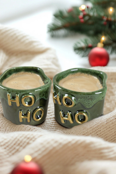 Gleam Yeşil Seramik El Yapımı Mug Fincan 2'Li Set Altın Kaplama Ho-Ho Kabartmalı 2153