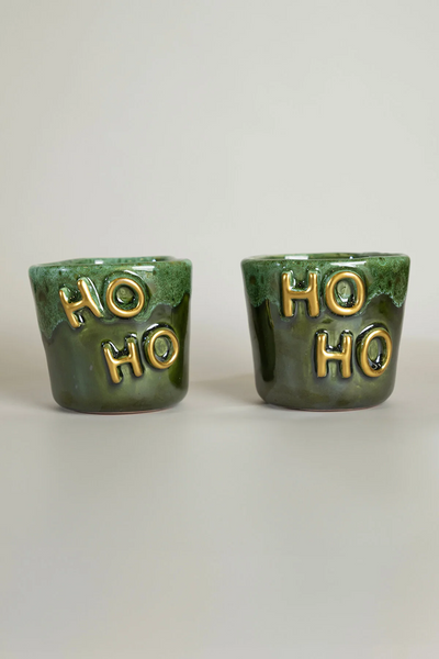 Gleam Yeşil Seramik El Yapımı Mug Fincan 2'Li Set Altın Kaplama Ho-Ho Kabartmalı 2153