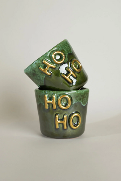 Gleam Yeşil Seramik El Yapımı Mug Fincan 2'Li Set Altın Kaplama Ho-Ho Kabartmalı 2153