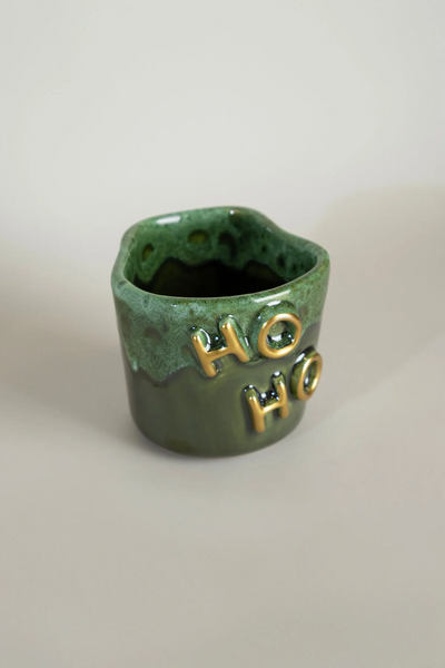 Gleam Yeşil Seramik El Yapımı Mug Fincan 2'Li Set Altın Kaplama Ho-Ho Kabartmalı 2153