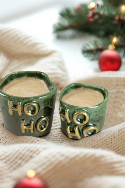 Gleam Yeşil Seramik El Yapımı Mug & Türk Kahvesi Karışık 2'Li Set Altın Kaplama Ho-Ho Kabartmalı 2154