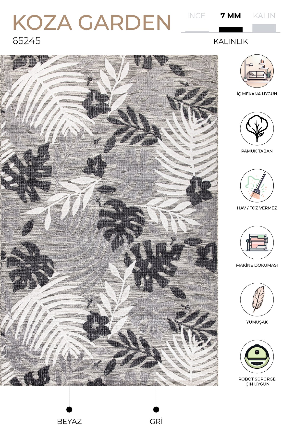 Koza Garden Gri Halı Kilim Balkon Teras Bahçe Salon Koridor Makine Halısı 65245