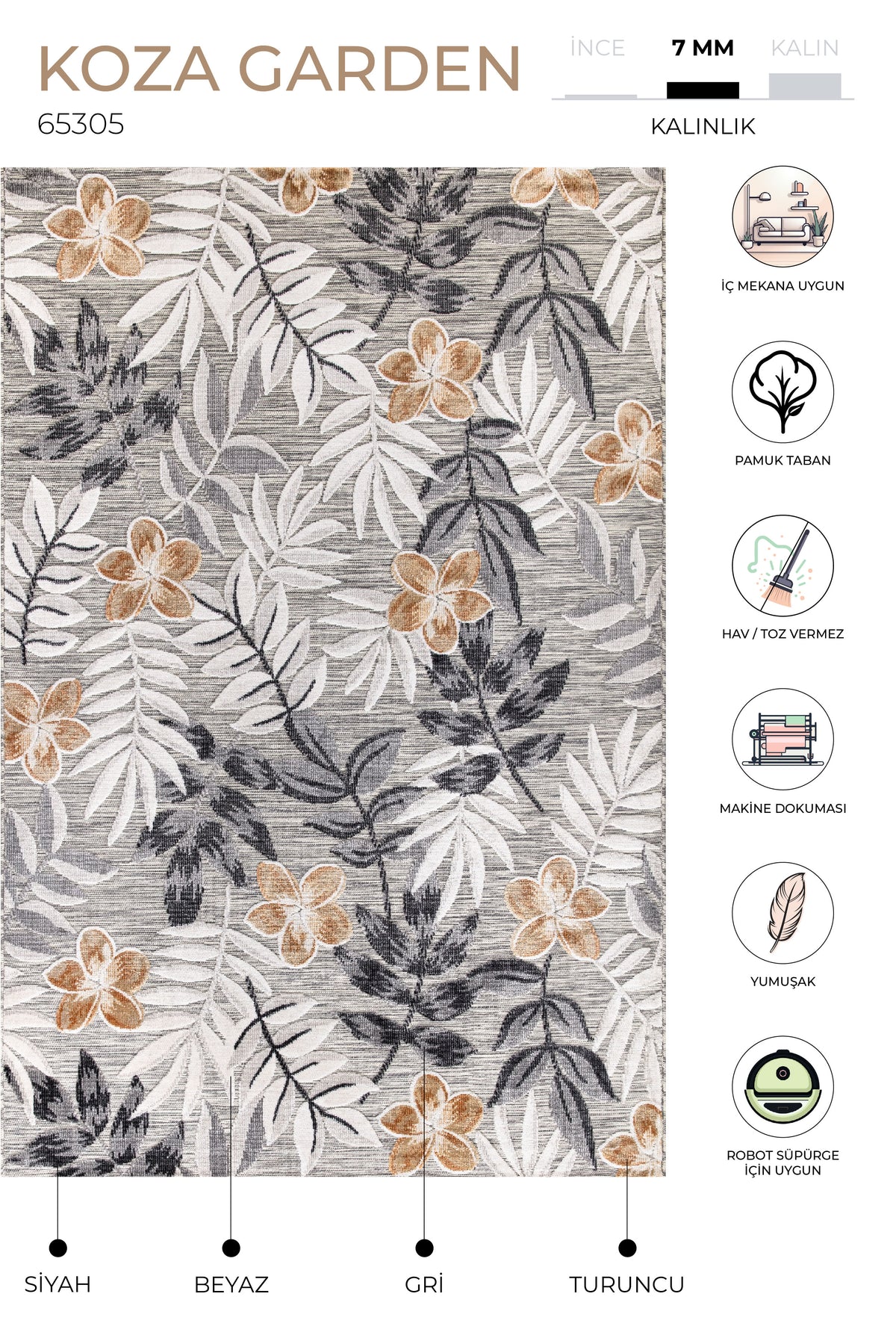 Koza Garden Gri Halı Kilim Balkon Teras Bahçe Salon Koridor Makine Halısı 65305