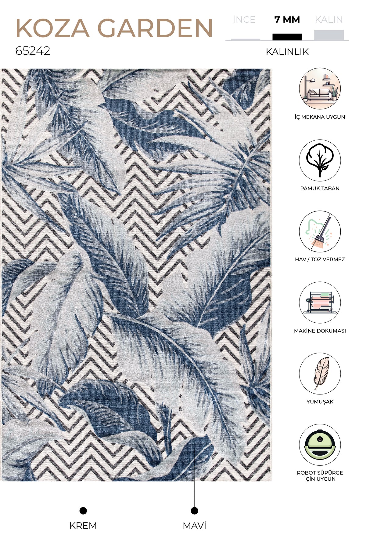 Koza Garden Mavi Halı Kilim Balkon Teras Bahçe Salon Koridor Makine Halısı 65242