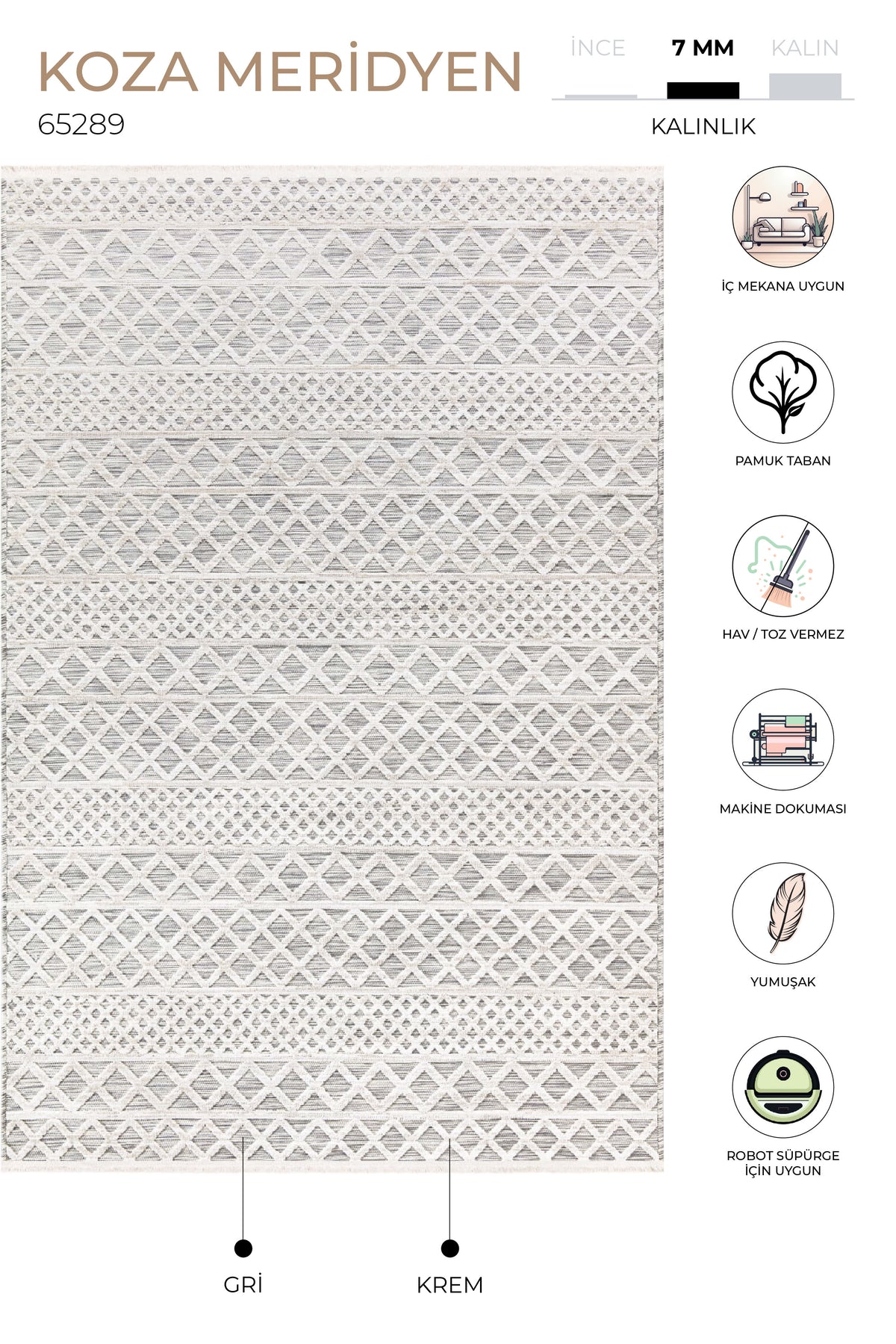 Koza Meridyen Gri Halı Kilim Balkon Teras Bahçe Salon Koridor Makine Halısı 65289