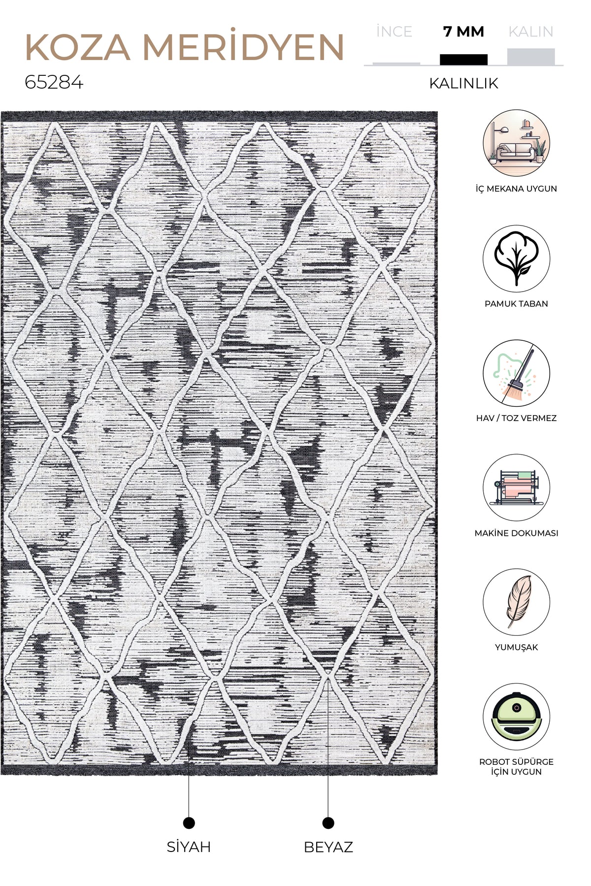 Koza Meridyen Siyah Halı Kilim Balkon Teras Bahçe Salon Koridor Makine Halısı 65284