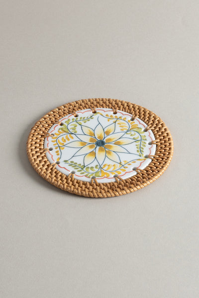 Meander Doğal Rattan El Yapımı Çerçeveli 16 cm. Turuncu Çiçek Desenli Nihale 9072