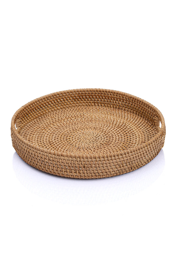 Meander El Yapımı Yuvarlak Büyük Boy Rattan Çok Amaçlı Kulplu Tepsi 35cm 8981