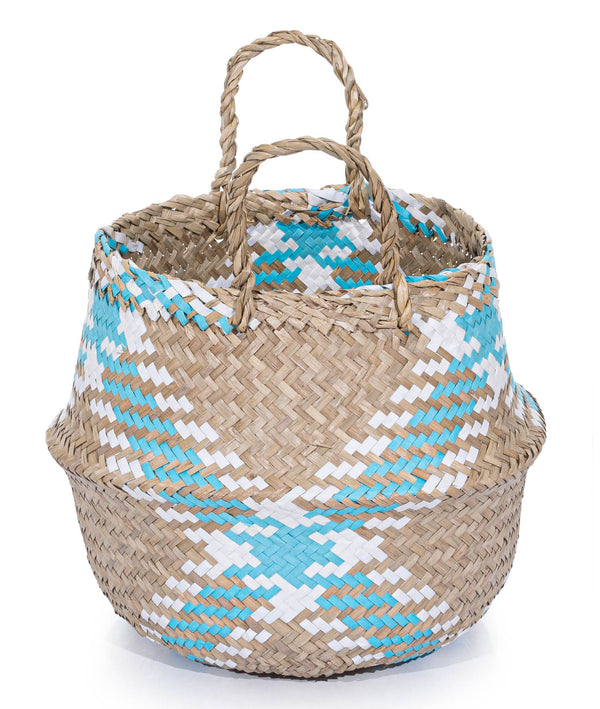 Meander Mavi Natural El Örme Dekoratif Hasır Kulplu Sepet 8807