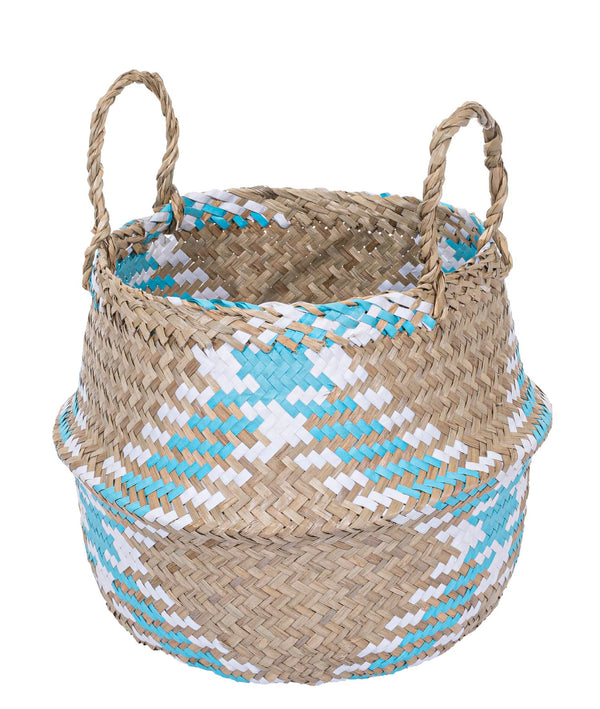 Meander Mavi Natural El Örme Dekoratif Hasır Kulplu Sepet 8807