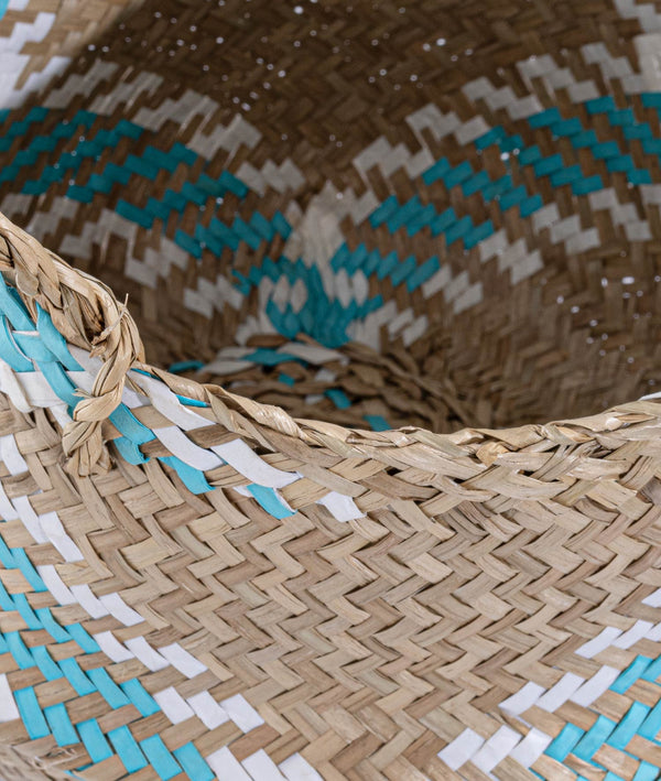 Meander Mavi Natural El Örme Dekoratif Hasır Kulplu Sepet 8807