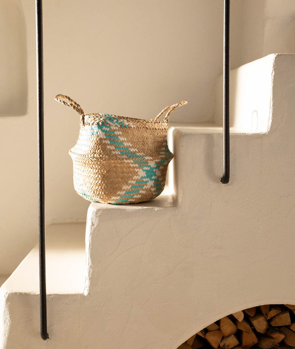 Meander Mavi Natural El Örme Dekoratif Hasır Kulplu Sepet 8807