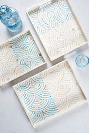 Meander Sedefli Mozaik Krem Mavi  3 Lü Dekoratif Tepsi 4328