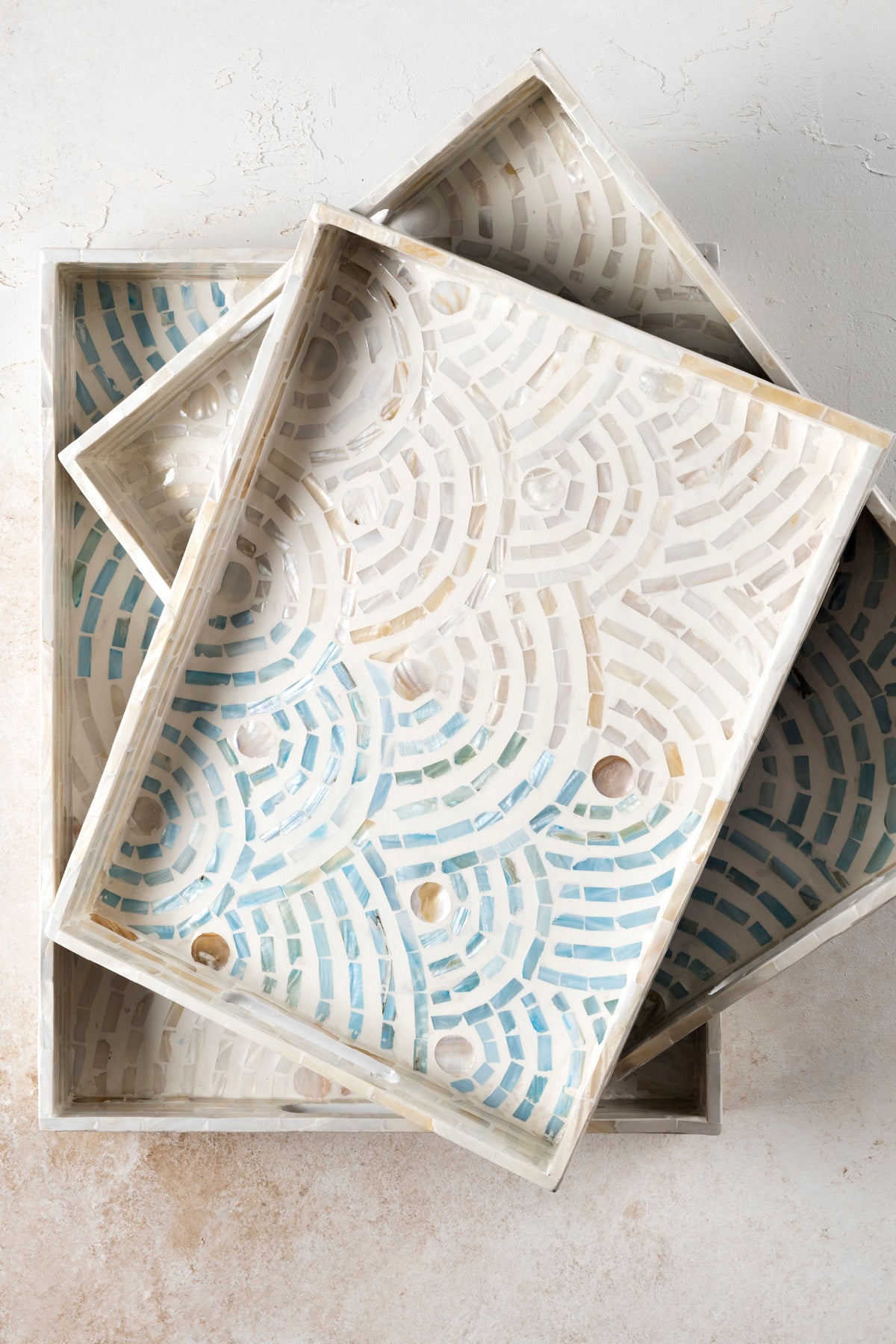 Meander Sedefli Mozaik Krem Mavi  3 Lü Dekoratif Tepsi 4328