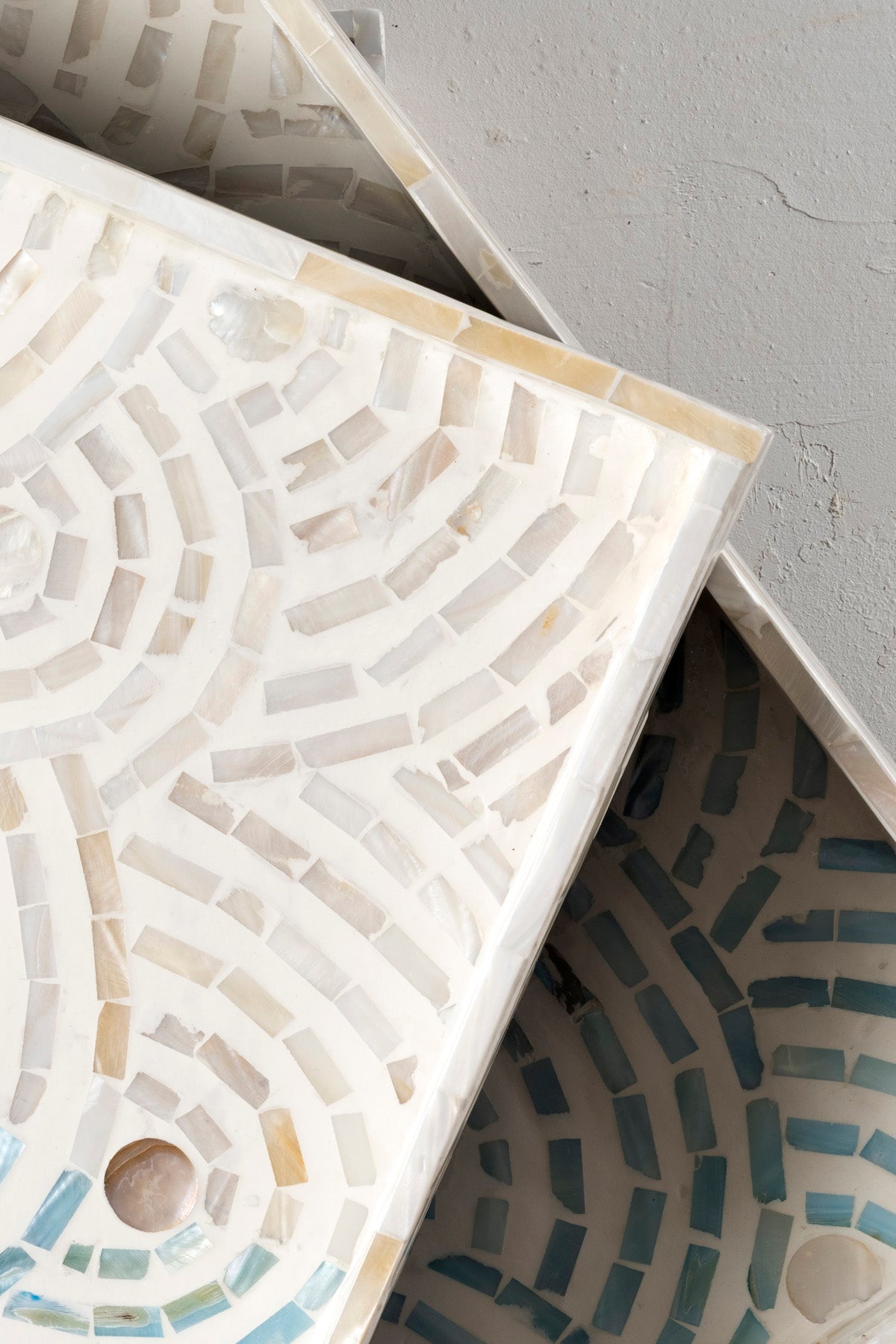 Meander Sedefli Mozaik Krem Mavi  3 Lü Dekoratif Tepsi 4328