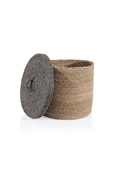 Meander Su Sümbülü Dekoratif Natural Siyah Kapaklı Sepet 37x32 5056