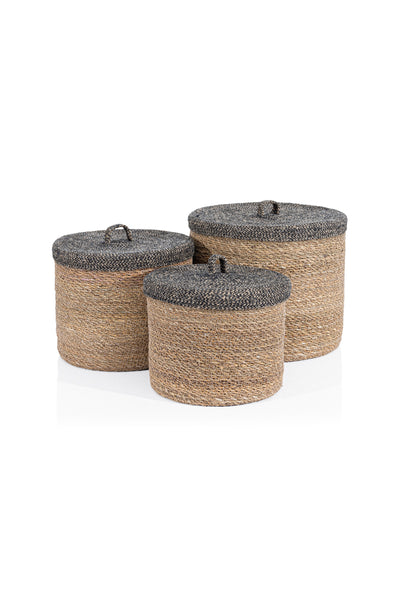 Meander Su Sümbülü Dekoratif Natural Siyah Kapaklı Sepet 37x32 5056