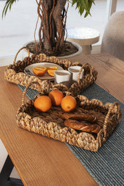 Meander Su Sümbülü Dikdörtgen Kulplu Desenli Tepsi 2'li Set 5119