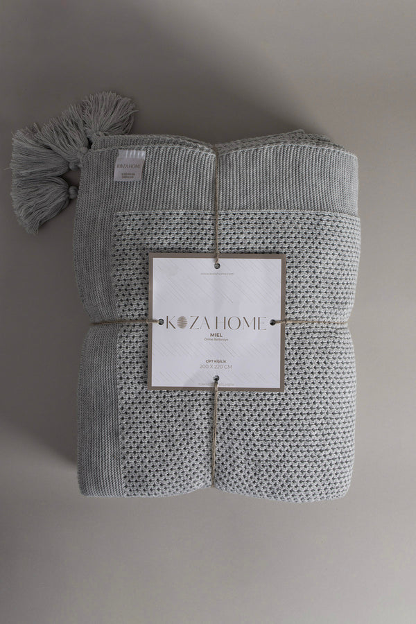 Miel Gri Kenarı Ponponlu Çift Kişilik Battaniye 200x220 37105