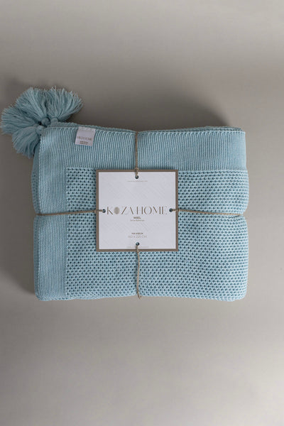 Miel Mavi Kenarı Ponponlu Tek Kişilik Battaniye 160x220 37121