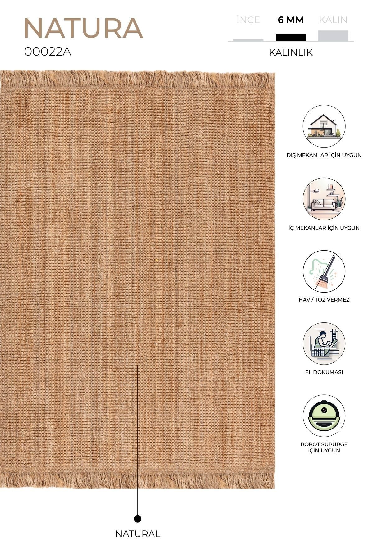 Natura El Dokuma Jüt Bohem Tarz Otantik Salon Oturma Odası Koridor Yatak Odası Natural Halı 00022A