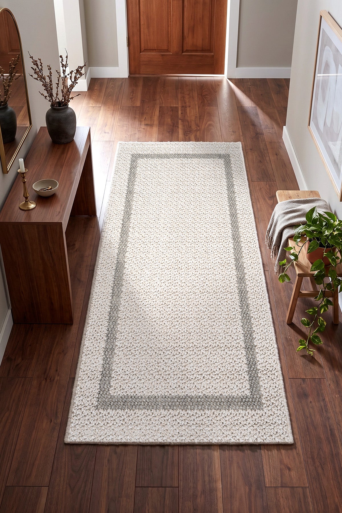 Retro Plain Krem Gri Bordürlü Yolluk A3234Y