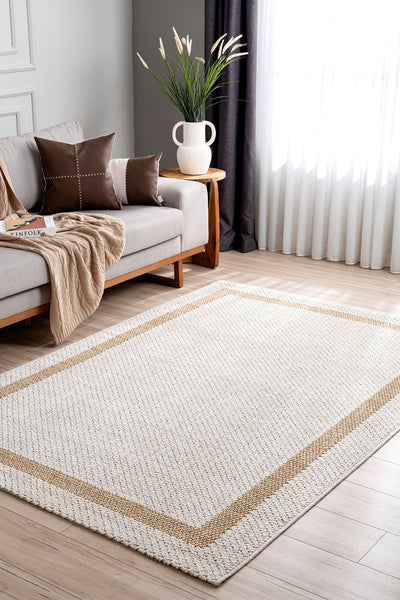 Retro Plain Krem Natural Bordürlü Halı A3234A