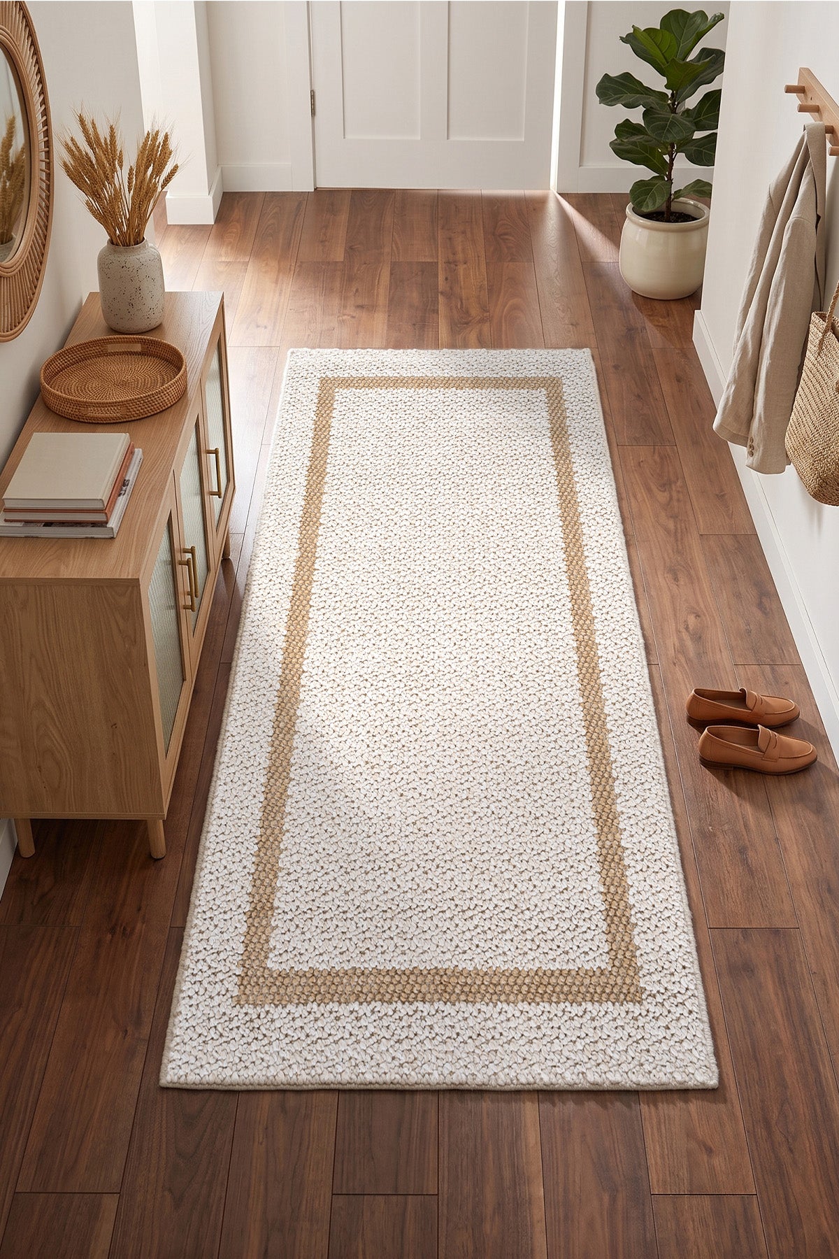 Retro Plain Krem Natural Bordürlü Yolluk A3234Y