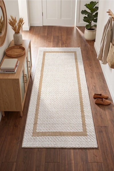 Retro Plain Krem Natural Bordürlü Yolluk A3234Y