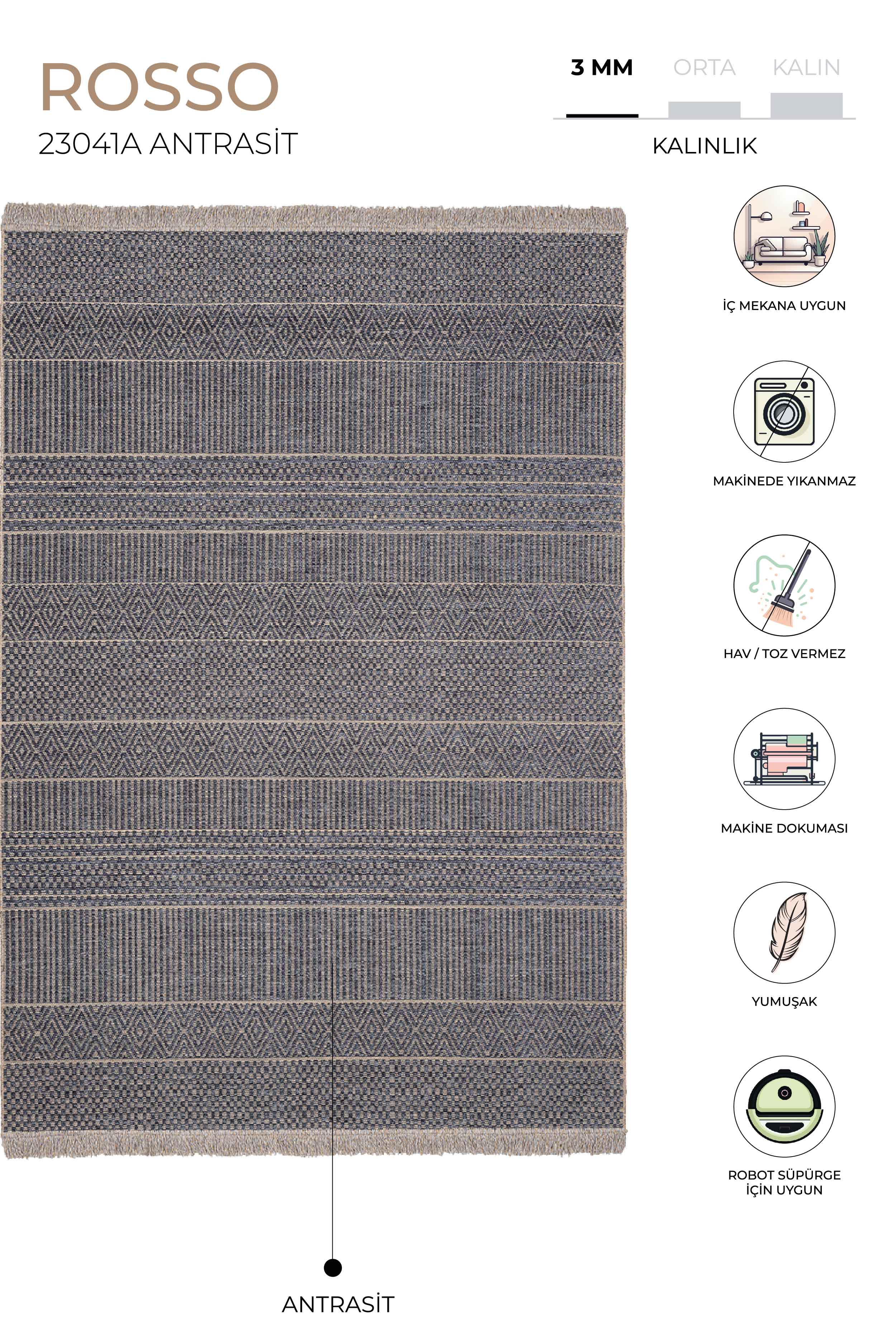 Rosso Antrasit Dokuma Sisal Halı Jüt Halı Kilim Salon Oturma Odası Yatak Odası Koridor Halısı23041A
