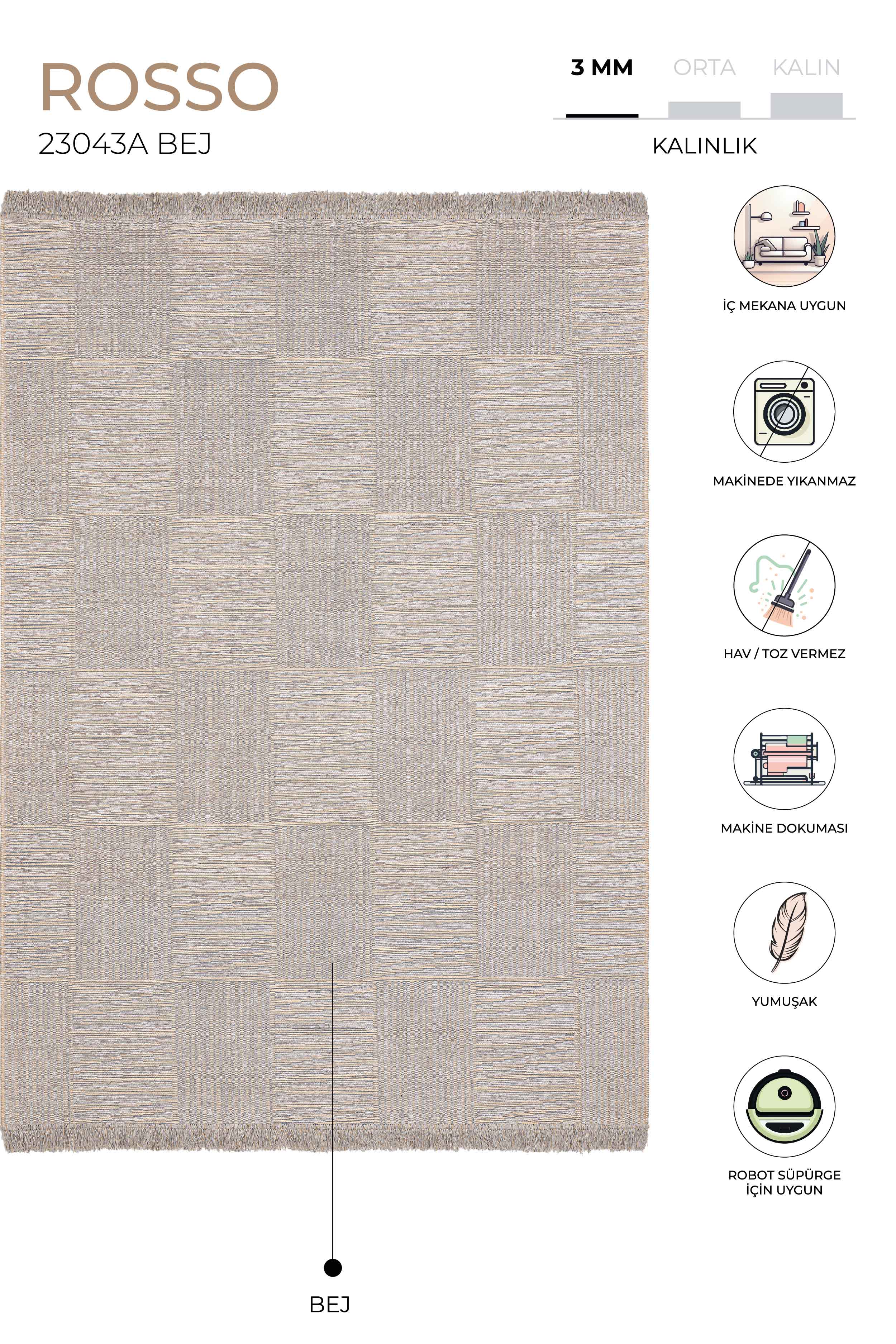 Rosso Bej Dokuma Sisal Halı Jüt Halı Kilim Salon Oturma Odası Yatak Odası Koridor Halısı 23043A