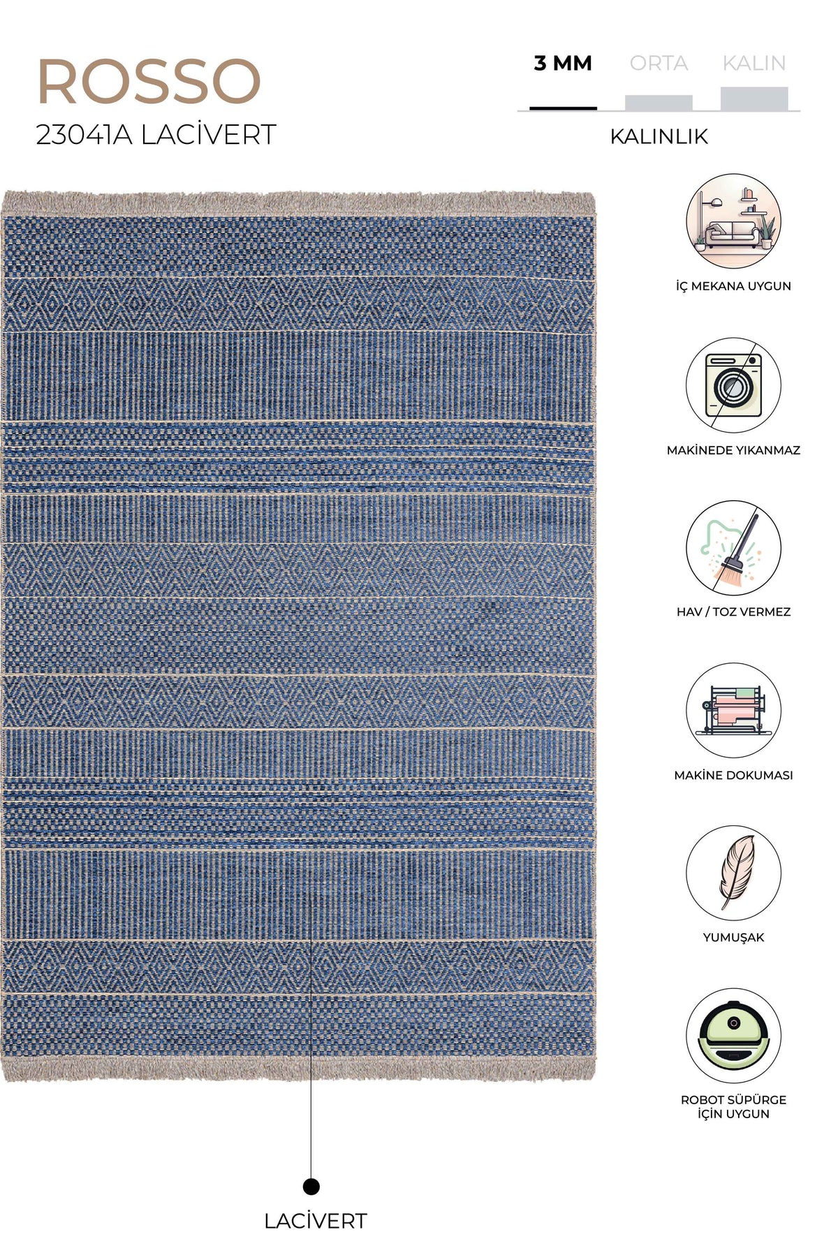 Rosso Lacivert Dokuma Sisal Halı Jüt Halı Kilim Salon Oturma Odası Yatak Odası Koridor Halısı 23041A