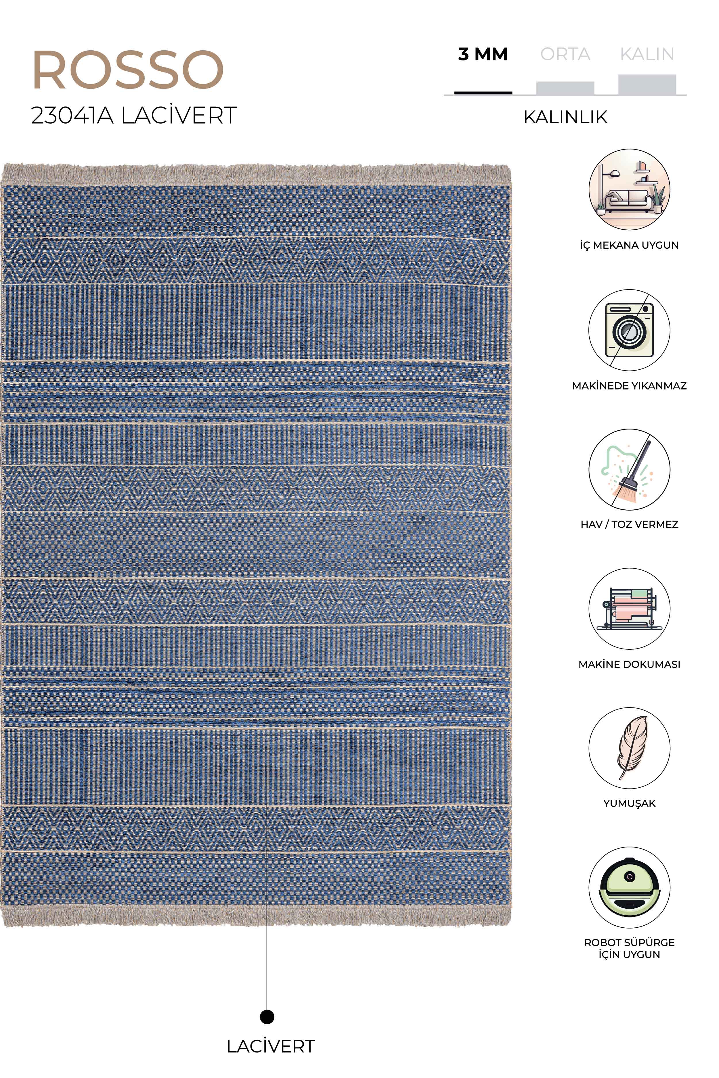Rosso Lacivert Dokuma Sisal Halı Jüt Halı Kilim Salon Oturma Odası Yatak Odası Koridor Halısı 23041A
