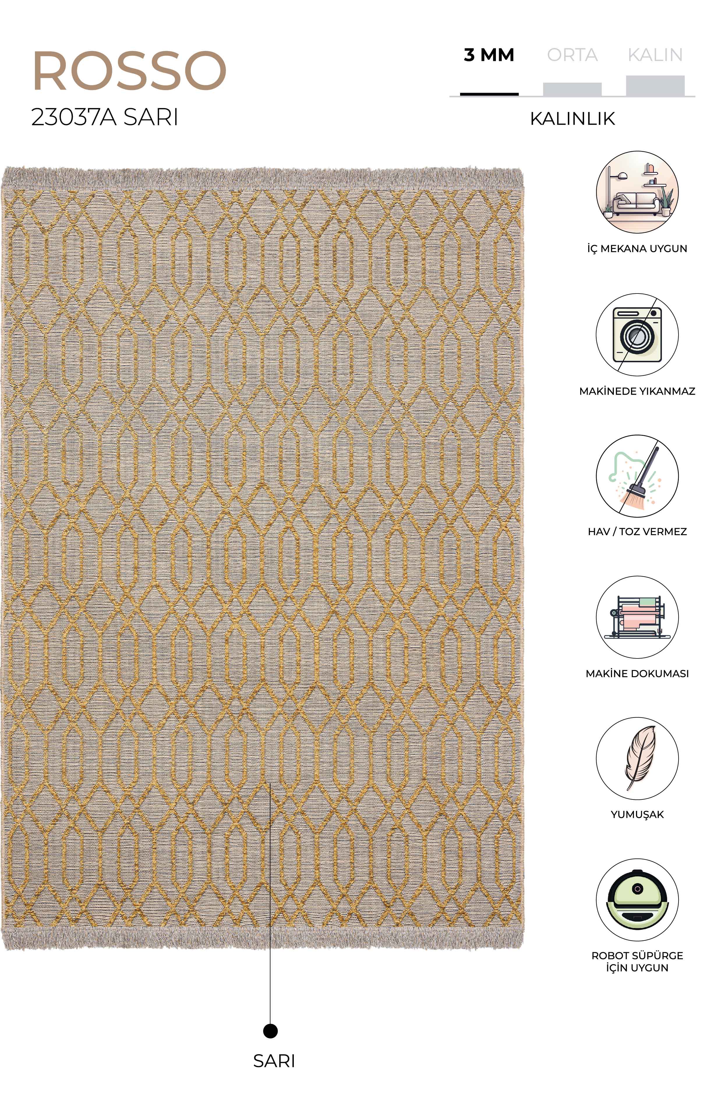 Rosso Sarı Dokuma Sisal Halı Jüt Halı Kilim Salon Oturma Odası Yatak Odası Koridor Halısı 23037A