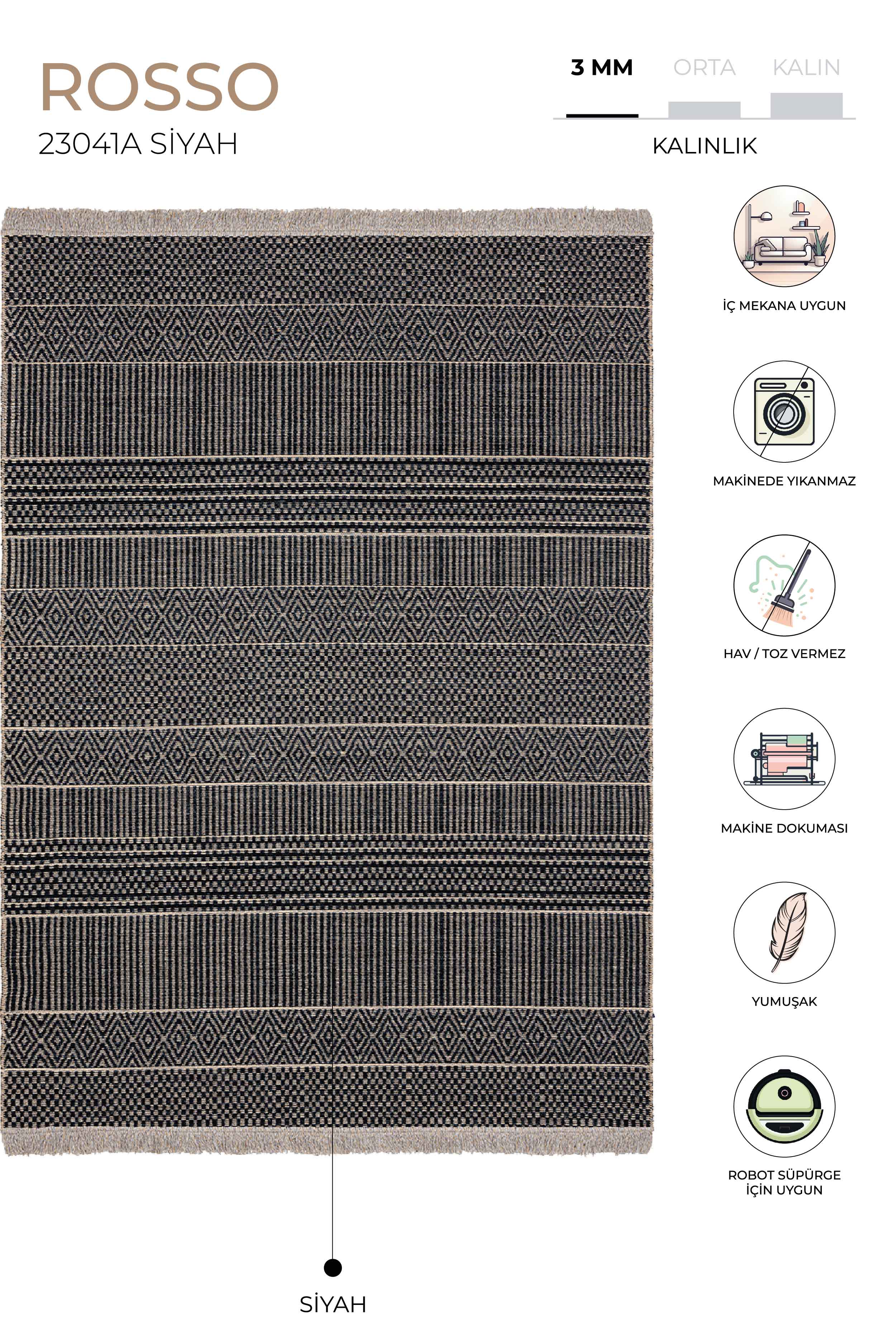 Rosso Siyah Dokuma Sisal Halı Jüt Halı Kilim Salon Oturma Odası Yatak Odası Koridor Halısı 23041A