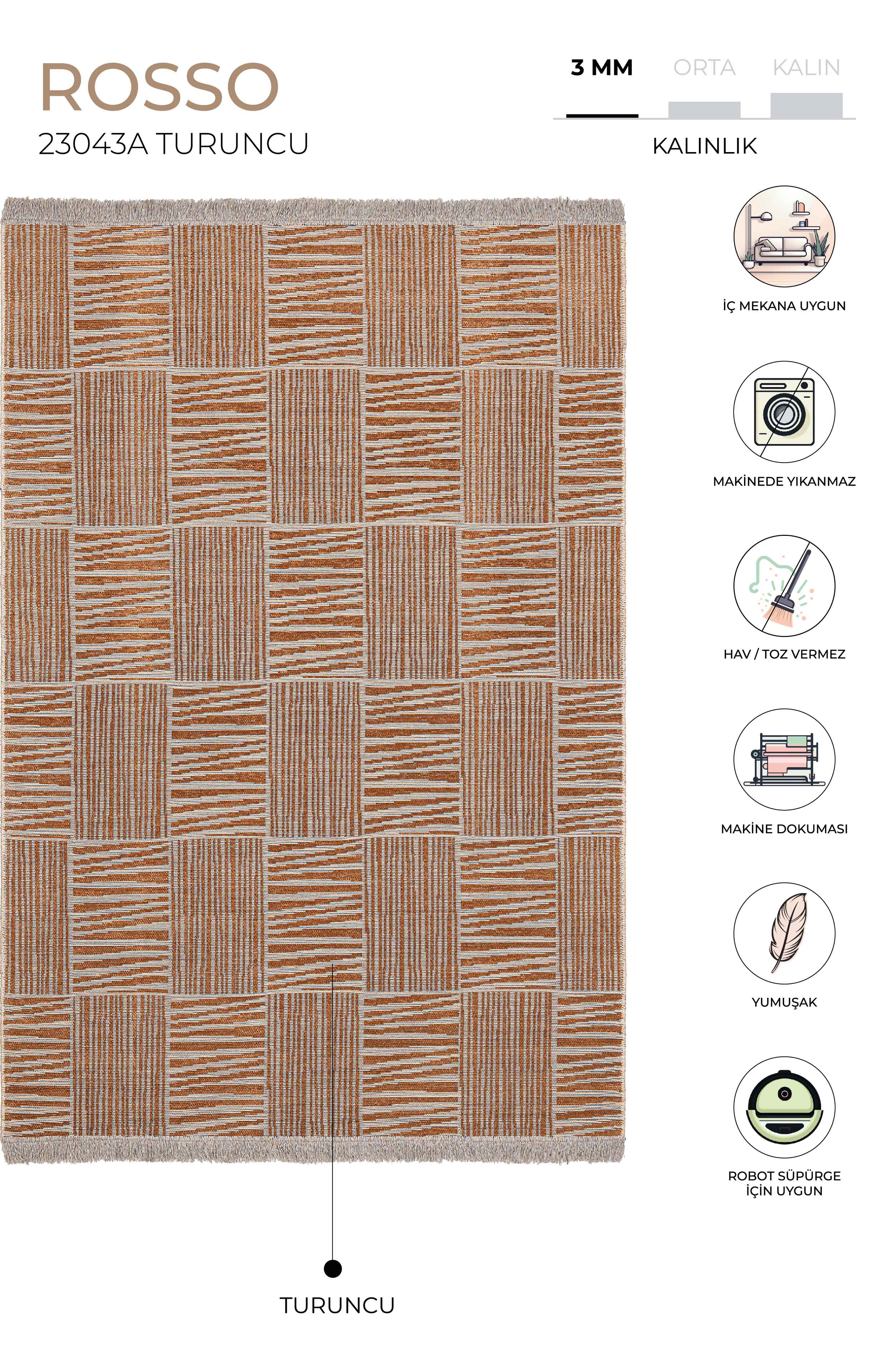 Rosso Turuncu Dokuma Sisal Halı Jüt Halı Kilim Salon Oturma Odası Yatak Odası Koridor Halısı 23043A