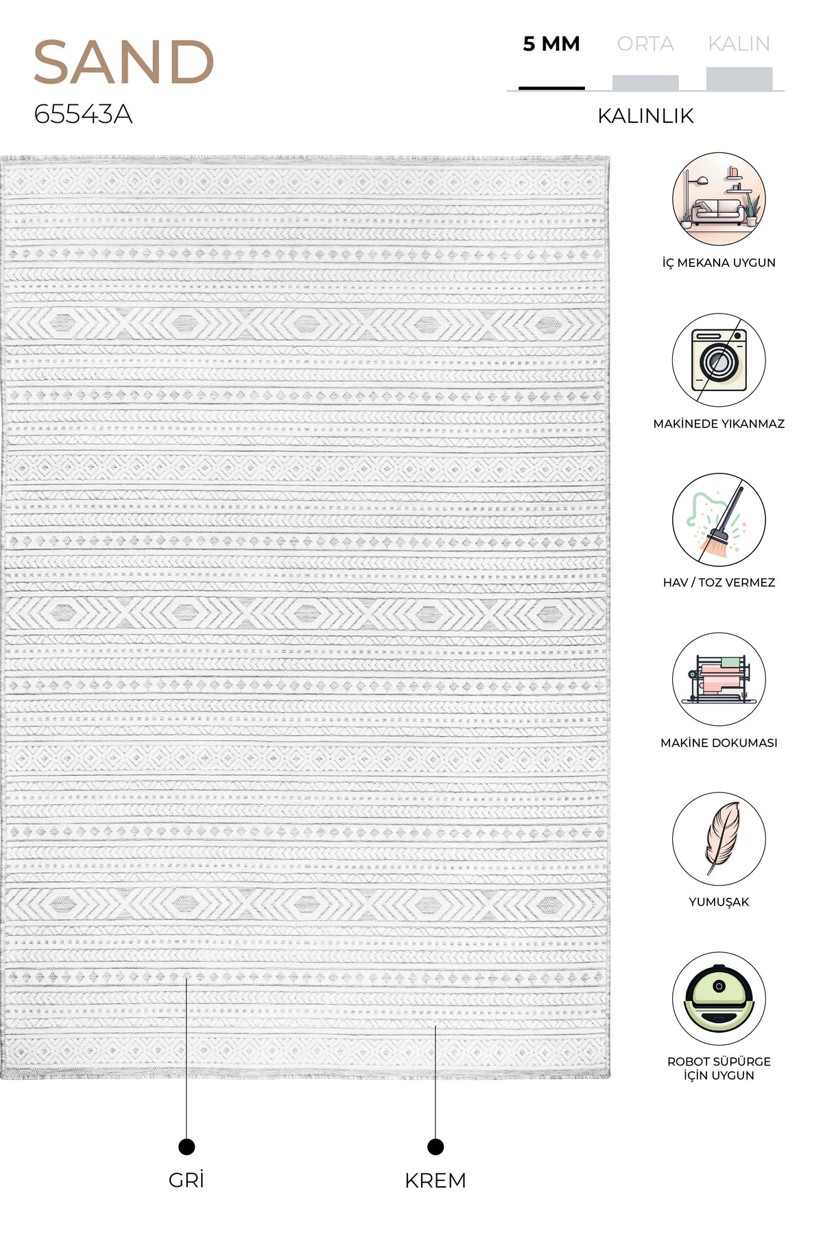 Sand Gri Krem Kolay Temizlenebilir Halı Kilim Oturma Odası Yatak Odası Koridor Makine Halısı 65543A