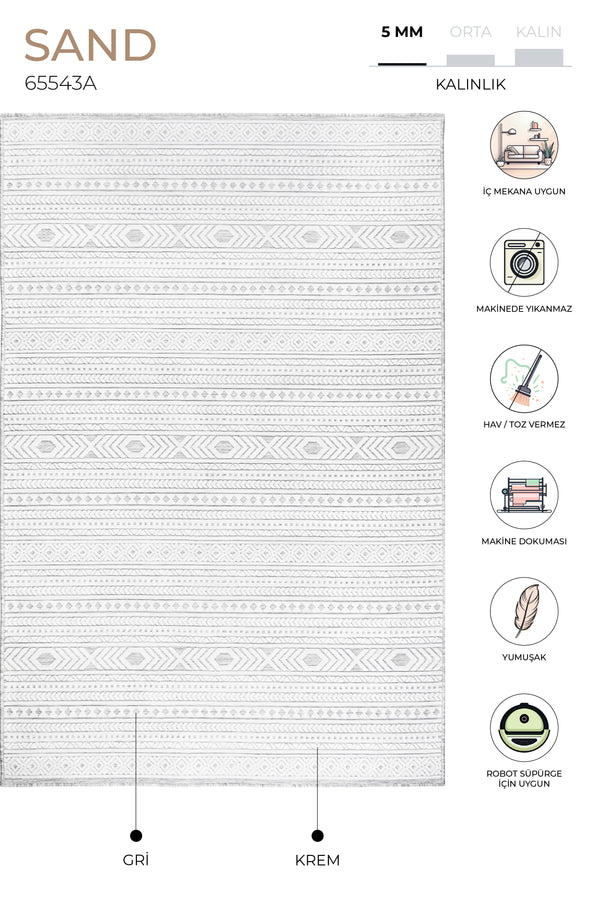 Sand Gri Krem Temizlenebilir Halı 65543A