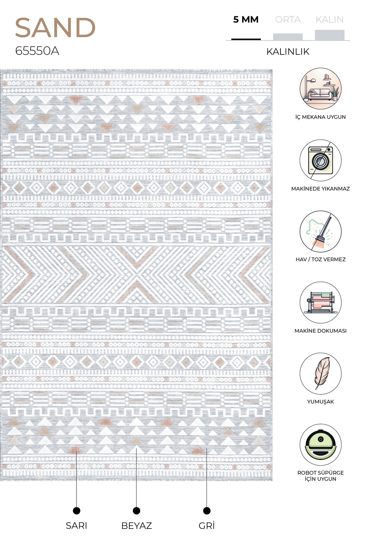 Sand Gri Sarı Kolay Temizlenebilir Halı Kilim Salon Oturma Odası Yatak Odası Koridor Makine Halısı 65550A