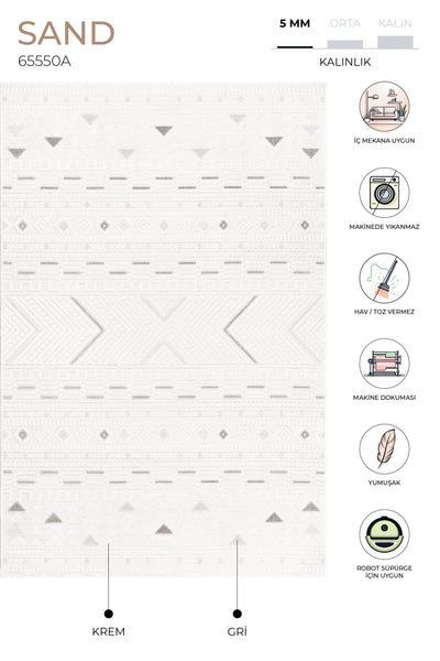 Sand Krem Gri Temizlenebilir Halı 65550A