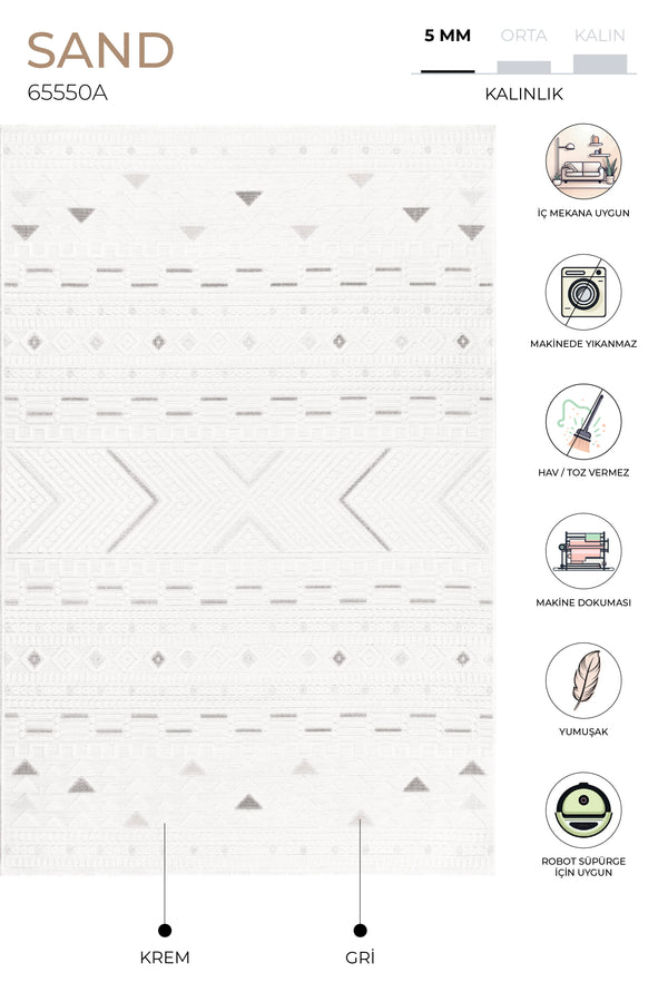 Sand Krem Gri Temizlenebilir Halı 65550A